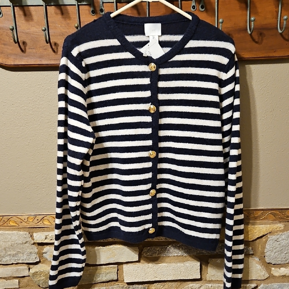 NWT H&M Soft Gold Button Navy And White Striped Sweater Size Large